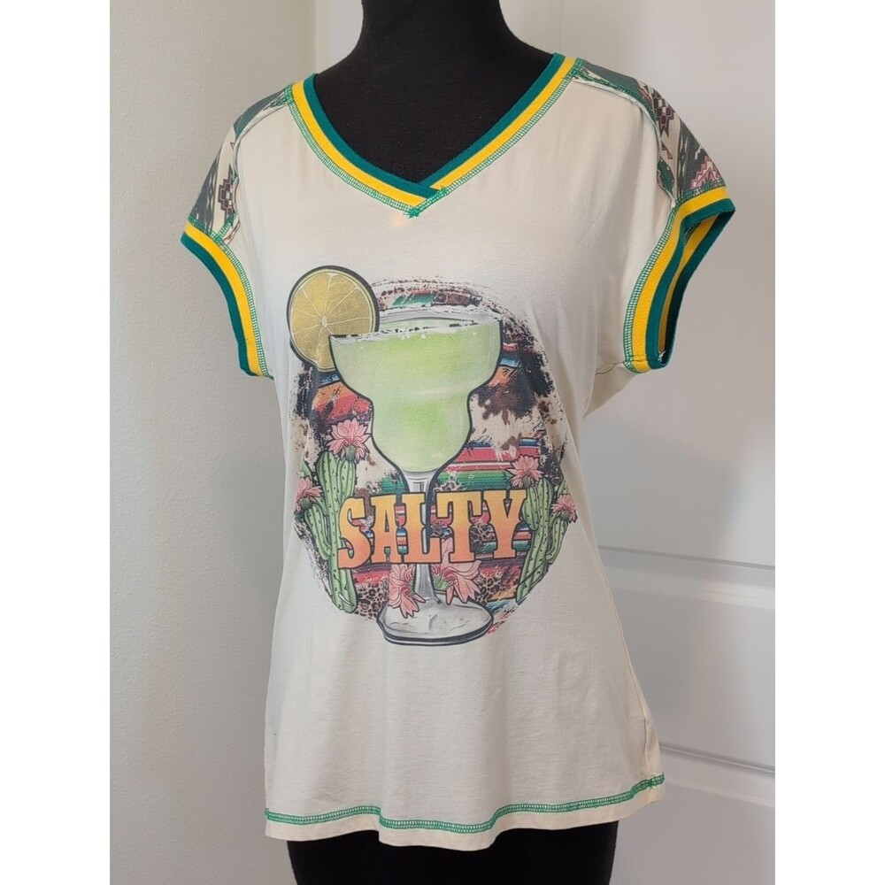 Delila Cream V‑Neck Salty Tee with Green and Yellow Trim
